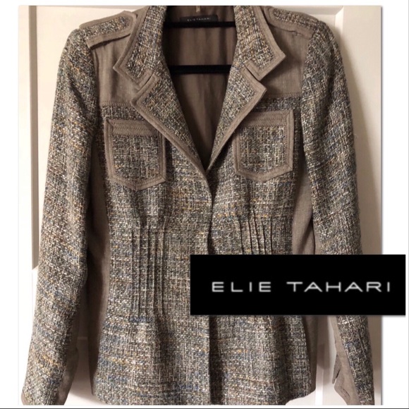 ELIE TAHARI BEIGE TWEED MILITARY BLAZER SIZE 6 - Picture 1 of 6